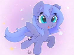Size: 4000x3000 | Tagged: safe, artist:zokkili, princess luna, alicorn, pony, g4, beanbrows, cute, ear fluff, eyebrows, eyebrows visible through hair, female, filly, high res, horn, lunabetes, open mouth, open smile, raised hoof, raised leg, signature, smiling, solo, spread wings, stars, wings, woona, younger