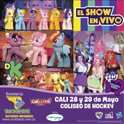 Size: 960x960 | Tagged: safe, applejack, fluttershy, pinkie pie, rainbow dash, rarity, twilight sparkle, human, equestria girls, g4, clothes, colombia, cosplay, costume, discovery kids, discovery kids logo, doll, hasbro, hasbro logo, irl, irl human, logo, mane six, photo, poster, spanish, toy, translation request