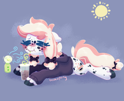Size: 2435x2000 | Tagged: safe, artist:bishopony, oc, oc only, earth pony, pony, blush scribble, blushing, bow, bubble tea, clothes, drink, eye clipping through hair, eyes closed, fan, female, hair bow, high res, hoodie, lying down, mare, pigtails, prone, signature, solo, sploot, sun, sweat, sweater, twintails, unshorn fetlocks