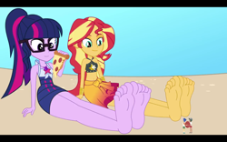 Size: 1920x1200 | Tagged: safe, flash sentry, sci-twi, sunset shimmer, timber spruce, twilight sparkle, human, equestria girls, g4, barefoot, clothes, feet, female, larger female, letterboxing, male, sarong, shrinking, size difference, smaller male, soles, swimsuit