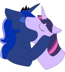 Size: 993x1087 | Tagged: safe, princess luna, twilight sparkle, alicorn, pony, unicorn, g4, crown, duo, ears back, eyes closed, eyeshadow, female, jewelry, kiss on the lips, kissing, lesbian, makeup, making out, mare, regalia, ship:twiluna, shipping, simple background, white background