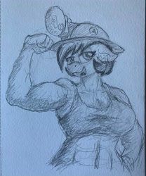 Size: 3024x3629 | Tagged: safe, artist:reddthebat, oc, oc only, oc:number nine, earth pony, anthro, belly button, bicep flex, biceps, breasts, busty oc, cleavage, female, flexing, floppy ears, headlamp, helmet, high res, looking at you, mare, midriff, mining helmet, monochrome, muscles, muscular female, open mouth, open smile, sketch, smiling, smiling at you, solo