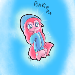 Size: 1900x1900 | Tagged: safe, artist:just loq, pinkie pie, earth pony, pony, g4, best pony, blue background, blue eyes, clothes, cute, hat, hoodie, pink hair, pink mane, signature, simple background, solo