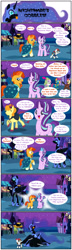 Size: 1280x4429 | Tagged: safe, artist:bbbhuey, apple bloom, nightmare moon, pipsqueak, scootaloo, starlight glimmer, sunburst, sweetie belle, earth pony, pegasus, pony, unicorn, comic:nightmare's gobbles!, g4, age regression, belly, big belly, colt, colt prey, comic, cutie mark crusaders, eaten alive, female, filly, filly prey, foal, glimmer prey, male, mare, mare pred, mouth hold, muffled words, night, nightmare night, predmare moon, stallion, vore, younger