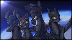 Size: 1800x1000 | Tagged: safe, artist:andromailus, oc, oc only, oc:cloudwalker, oc:wyvern, original species, plane pony, :p, a-12, earth, eyes closed, female, grin, group hug, group photo, hug, lockheed corporation, mare, plane, siblings, sisters, smiling, space, sr-71 blackbird, sunlight, tongue out, u-2, yf-12