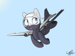 Size: 1200x900 | Tagged: safe, artist:lyrabop, oc, oc only, original species, plane pony, bomber, english electric canberra, female, flying, jet, looking at something, mare, open mouth, plane, signature, sky background, solo, sun