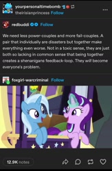 Size: 1284x1973 | Tagged: safe, screencap, starlight glimmer, trixie, pony, unicorn, g4, road to friendship, duo, female, glowing, glowing horn, horn, lesbian, looking at each other, looking at someone, mare, ship:startrix, shipping, trixie's wagon, tumblr, tumblr post, wagon