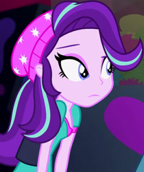Size: 2586x3072 | Tagged: safe, screencap, starlight glimmer, human, equestria girls, equestria girls specials, g4, my little pony equestria girls: mirror magic, beanie, breasts, canterlot mall, cinema, cropped, female, frown, hat, high res, solo