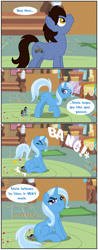 Size: 1280x3277 | Tagged: safe, artist:bbbhuey, trixie, oc, oc:jay, earth pony, pony, unicorn, g4, canon x oc, comic, female, heart, looking at butt, male, mare, micro, sitting, sitting on person, sitting on pony, stallion, straight