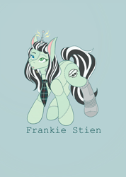 Size: 1462x2048 | Tagged: safe, artist:mscolorsplash, monster pony, pony, unicorn, blue background, female, frankie stein, heterochromia, mare, monster high, name, ponified, robotic legs, simple background, solo, stitched body, stitches