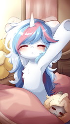 Size: 1003x1771 | Tagged: safe, artist:yilo, derpibooru exclusive, oc, oc only, oc:moontrace, pony, unicorn, armpits, chest fluff, eyes closed, female, horn, morning ponies, multicolored hair, plushie, solo, stretch, stretching, unicorn oc, waking up