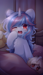 Size: 1003x1771 | Tagged: safe, artist:yilo, derpibooru exclusive, oc, oc only, oc:moontrace, pony, unicorn, chest fluff, horn, mawshot, multicolored hair, night, open mouth, plushie, red eyes, solo, unicorn oc, uvula, yawn