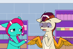 Size: 2200x1500 | Tagged: safe, artist:php176, derpibooru exclusive, jazz hooves, rocky riff, earth pony, pegasus, pony, g5, concerned, context in description, duo, duo male and female, female, hoof on chest, male, mane melody (location), mare, missing accessory, panicking, raised hoof, shaking, shelves, stallion, sweat, terrified