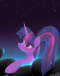 Size: 1620x2048 | Tagged: safe, artist:petaltwinkle, twilight sparkle, alicorn, pony, g4, alternate hairstyle, blushing, bust, coat markings, facial markings, female, heart, heart eyes, looking at you, mare, ponytail, smiling, smiling at you, solo, star (coat marking), twilight sparkle (alicorn), wingding eyes