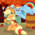 Size: 1500x1500 | Tagged: safe, artist:yoshimarsart, applejack, rainbow dash, earth pony, pegasus, pony, g4, :p, apple, barrel, cider dash, cider mug, cowboy hat, deviantart watermark, duo, female, flying, food, hat, hoof hold, mare, mug, obtrusive watermark, silly, that pony sure does love cider, tongue out, watermark