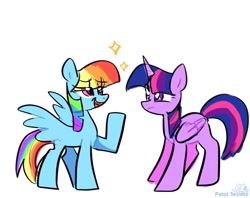 Size: 1024x810 | Tagged: safe, artist:petaltwinkle, rainbow dash, twilight sparkle, alicorn, pegasus, pony, g4, alternate hairstyle, duo, eye clipping through hair, eyebrows, eyebrows visible through hair, female, mane swap, manebow sparkle, mare, open mouth, open smile, raised eyebrow, signature, simple background, smiling, sparkles, twilight sparkle (alicorn), twilight sparkle is not amused, unamused, white background