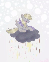 Size: 1620x2048 | Tagged: safe, artist:petaltwinkle, derpy hooves, pegasus, pony, g4, chocolate, chocolate rain, eyes closed, female, food, grainy, lightning, mare, pastel, rain, signature, smiling, solo, spread wings, sprinkles, wings