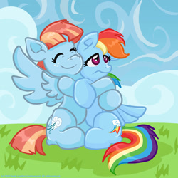 Size: 1500x1500 | Tagged: safe, artist:yoshimarsart, rainbow dash, windy whistles, pegasus, pony, g4, cloud, cute, dashabetes, duo, duo female, female, freckles, hug, like mother like daughter, like parent like child, mare, mother and child, mother and daughter, sitting, sky, smiling, spread wings, watermark, windybetes, wings