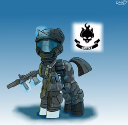 Size: 2963x2894 | Tagged: safe, artist:cavity, oc, oc only, armor, clothes, gradient background, gun, halo (series), helmet, high res, military pony, military uniform, odst, palindrome get, soldier, solo, uniform, weapon