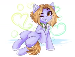 Size: 1600x1200 | Tagged: safe, artist:falafeljake, oc, oc only, earth pony, pony, belly, belly button, bowtie, chest fluff, ear fluff, earth pony oc, eye clipping through hair, eyebrows, eyebrows visible through hair, female, fluffy, grin, hoof fluff, leg fluff, looking at you, mare, one eye closed, smiling, smiling at you, solo, unshorn fetlocks, wink, winking at you