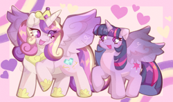 Size: 3192x1888 | Tagged: safe, artist:lumiville, princess cadance, twilight sparkle, alicorn, pony, g4, duo, duo female, eye clipping through hair, female, heart, high res, horn, looking at each other, looking at someone, mare, open mouth, open smile, raised hoof, sisters-in-law, smiling, smiling at each other, smiling at someone, spread wings, twilight sparkle (alicorn), wings