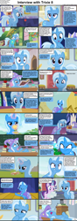 Size: 1282x3661 | Tagged: safe, artist:agrol, edit, edited screencap, screencap, starlight glimmer, trixie, pony, unicorn, comic:celestia's servant interview, headmare of the school, magic lessons, must be better, a horse shoe-in, boast busters, g4, angry, apple, bag, book, cape, caption, chalkboard, clothes, cross-popping veins, cs captions, cup, cute, descriptive noise, diatrixes, doodle, emanata, female, food, glare, hat, image macro, interview, levitation, magic, magic aura, mare, nom, onomatopoeia, ponyville, quill, radio, reading, saddle bag, sandwich, sleeping, smiling, snoring, telekinesis, text, trixie is not amused, trixie's cape, trixie's hat, unamused