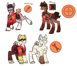 Size: 2000x1722 | Tagged: safe, artist:black_marker, earth pony, pegasus, pony, amputee, chest fluff, clothes, ear fluff, engineer, engineer (tf2), ponified, prosthetic limb, prosthetics, reference, reference sheet, simple background, sniper, sniper (tf2), soldier, soldier (tf2), team fortress 2, transparent background