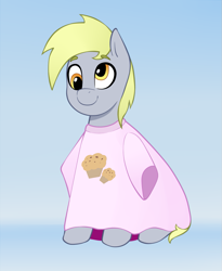 Size: 825x1008 | Tagged: safe, artist:waffletheheadmare, derpy hooves, g4, clothes, cross-eyed, food, gradient background, muffin, oversized clothes, oversized shirt, pink, shirt, sitting, smiling, solo, t-shirt