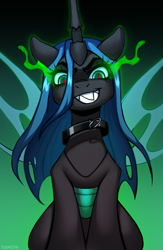 Size: 1300x2000 | Tagged: safe, artist:sugarstar, queen chrysalis, changeling, changeling queen, pony, collaboration:meet the best showpony, g4, collaboration, collar, collar ring, evil, eye mist, gradient background, looking at you, magic, sharp teeth, smiling, solo, spread wings, teeth, wings