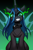 Size: 1300x2000 | Tagged: safe, artist:sugarstar, queen chrysalis, changeling, changeling queen, pony, collaboration:meet the best showpony, g4, collaboration, collar, collar ring, evil, eye mist, gradient background, looking at you, magic, sharp teeth, smiling, solo, spread wings, teeth, wings