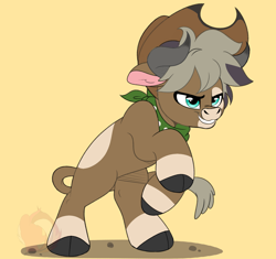 Size: 1950x1834 | Tagged: safe, artist:joaothejohn, oc, oc:dust trail, bull, bandana, bipedal, bovine, cloven hooves, commission, cute, floppy ears, hat, horns, male, patreon, patreon reward, simple background, smiling, solo