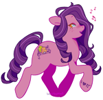 Size: 1373x1329 | Tagged: safe, artist:beetlepaws, silver song, earth pony, pony, g3, female, hoof heart, mare, open mouth, orange eyes, pink, purple hair, purple mane, purple tail, raised hoof, simple background, singing, solo, tail, transparent background, trotting, underhoof