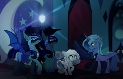Size: 1750x1130 | Tagged: safe, artist:skyeypony, princess luna, oc, oc:snowdrop, alicorn, bat pony, pegasus, pony, g4, night guard, open mouth, open smile, smiling, spread wings, wings