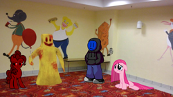 Size: 2560x1440 | Tagged: safe, artist:tom artista, artist:waleedtariqmmd, pinkie pie, g4, commission, creepy, creepypasta, fun, level, liminal space, party, room, the backrooms, zalgo pie