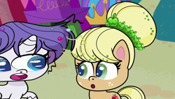 Size: 1280x720 | Tagged: safe, screencap, applejack, rarity, earth pony, pony, unicorn, g4.5, my little pony: pony life, what goes updo, spoiler:pony life s02e17, alternate hairstyle, blonde hair, blonde mane, duo, female, great moments in animation, mare, messy mane, poggers, purple hair, purple mane, smear frame