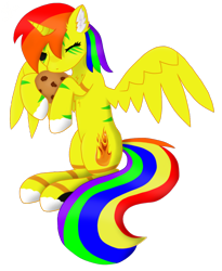 Size: 1010x1230 | Tagged: safe, artist:starfire dream, oc, oc only, oc:grace seraph, alicorn, pony, alicorn oc, chest fluff, cookie, cute, ear fluff, female, food, horn, mare, multicolored mane, multicolored tail, simple background, solo, spread wings, tail, transparent background, wings