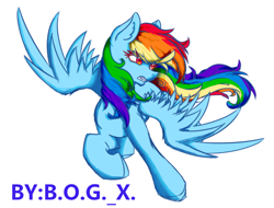 Size: 766x581 | Tagged: safe, artist:bogx, rainbow dash, pegasus, pony, g4, action pose, ear fluff, female, flying, gritted teeth, looking away, mare, simple background, solo, spread wings, teeth, turned head, white background, wings