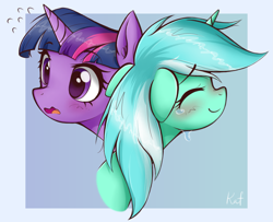 Size: 1885x1528 | Tagged: safe, artist:kaf_pone, lyra heartstrings, twilight sparkle, pony, unicorn, fanfic:background pony, g4, abstract background, blushing, bust, crying, duo, duo female, ear fluff, ears back, emanata, eyebrows, eyes closed, female, hug, mare, open mouth, raised eyebrow, raised eyebrows, signature, smiling, wavy mouth