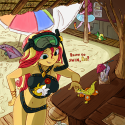 Size: 1500x1500 | Tagged: safe, artist:lef-fa, gummy, pinkie pie, ray, sunset shimmer, alligator, gecko, human, leopard gecko, lizard, equestria girls, g4, beach, beach towel, beach umbrella, belly button, bikini, breasts, busty sunset shimmer, clothes, cute, dialogue, dive mask, duo focus, female, flippers (gear), geode of empathy, goggles, gummybetes, implied sci-twi, implied twilight sparkle, inner tube, magical geodes, pool toy, raybetes, snorkel, sunset shimmer's beach shorts swimsuit, swimsuit, water wings