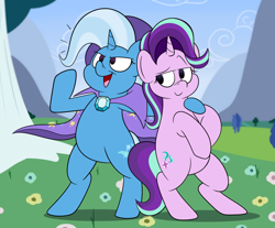 Size: 1280x1061 | Tagged: safe, artist:dragonbrush606, starlight glimmer, trixie, pony, unicorn, g4, arm around neck, bipedal, duo, duo female, female, lesbian, mare, no more ponies at source, open mouth, raised hoof, ship:startrix, shipping