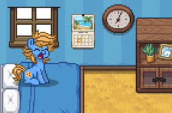 Size: 1149x755 | Tagged: safe, oc, oc only, oc:blue cookie, earth pony, pony, pony town, bedroom, calendar, clock, earth pony oc, eyes closed, open mouth, pixel art, sleepy, solo, waking up, yawn