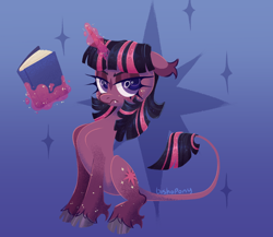 Size: 2300x2000 | Tagged: safe, artist:bishopony, twilight sparkle, classical unicorn, pony, unicorn, g4, alternate design, angry, book, cloven hooves, coat markings, colored pupils, cute, cute little fangs, cutie mark background, ears back, facial markings, fangs, female, frown, furrowed brow, gradient background, grumpy, grumpy twilight, high res, horn, leonine tail, levitation, looking at you, magic, magic aura, mare, scowl, solo, star (coat marking), telekinesis, unicorn twilight, unshorn fetlocks