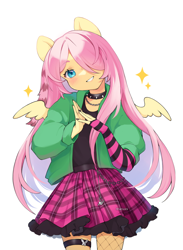 Size: 1232x1686 | Tagged: safe, artist:aniimoni, fluttershy, pegasus, anthro, dtiys emoflat, g4, clothes, collar, draw this in your style, evening gloves, fingerless elbow gloves, fingerless gloves, gloves, hair over one eye, hands together, jacket, long gloves, looking at you, plaid skirt, simple background, skirt, smiling, smiling at you, solo, spiked collar, striped gloves, sweater, white background