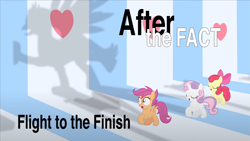 Size: 1280x720 | Tagged: safe, artist:mlp-silver-quill, apple bloom, scootaloo, sweetie belle, oc, oc:silver quill, earth pony, pegasus, pony, unicorn, after the fact, after the fact:flight to the finish, g4, apple bloom's bow, bow, cutie mark crusaders, female, filly, foal, hair bow, hearts as strong as horses, implied oc, shadow, silhouette, text, title card