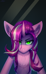 Size: 1535x2447 | Tagged: safe, artist:setharu, starlight glimmer, changeling, changeling queen, unicorn, semi-anthro, collaboration:meet the best showpony, g4, bust, collaboration, eye clipping through hair, female, gradient background, horn, human shoulders, looking at you, mare, portrait, solo
