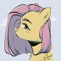 Size: 2300x2300 | Tagged: safe, artist:piwo, fluttershy, pegasus, pony, g4, alternate hairstyle, aside glance, blushing, bust, chest fluff, cloud, colored, cute, eyebrows, female, high res, looking at you, mare, portrait, profile, shyabetes, simple background, sketch, sky, smiling, solo