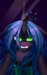 Size: 1535x2447 | Tagged: safe, artist:setharu, queen chrysalis, changeling, changeling queen, collaboration:meet the best showpony, g4, bust, collaboration, collarbone, eye clipping through hair, fangs, female, gritted teeth, horn, looking at you, mare, portrait, solo, teeth