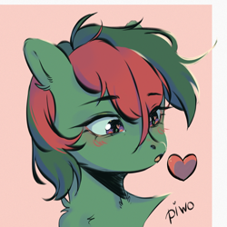 Size: 2200x2200 | Tagged: safe, artist:piwo, oc, oc only, earth pony, pony, bust, colored, cute, eyelashes, female, green, heart, high res, love, portrait, red eyes, simple background, sketch