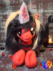 Size: 2304x3072 | Tagged: safe, artist:1stastrastudio, pony, unicorn, all time low, clothes, commission, glowing, glowing horn, high res, horn, irl, jack barakat, lantern, lying down, male, photo, plushie, ponified, prone, shirt, solo, stallion, t-shirt