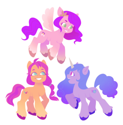 Size: 2920x2972 | Tagged: safe, artist:miasmicdaydream, izzy moonbow, pipp petals, sunny starscout, earth pony, pegasus, pony, unicorn, g5, female, flying, high res, mare, simple background, trio, white background